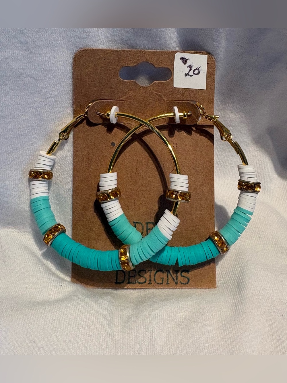 New - hand made Turquoise & White Hoop Earrings with Gold Accents -